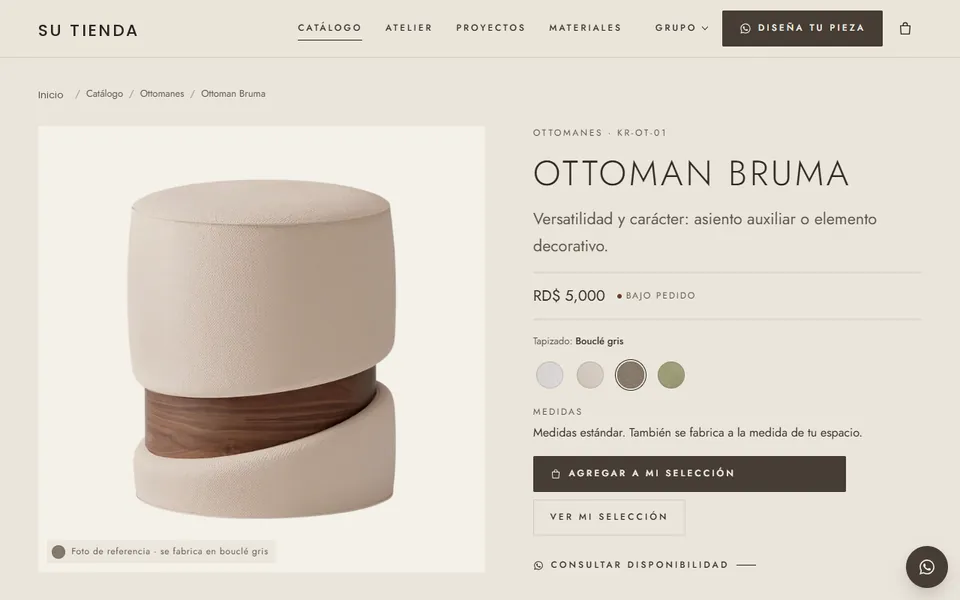 Ficha del Ottoman Bruma con el tapizado bouclé gris elegido